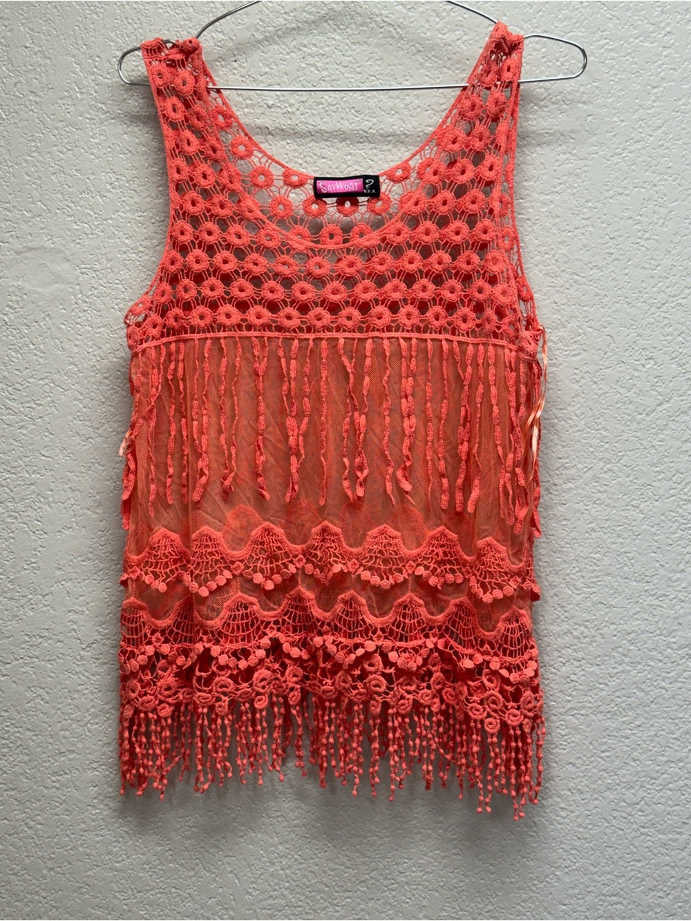 Say What? Coral Crochet Fringe Tank Top pit 20, Length 27 Cover up tank